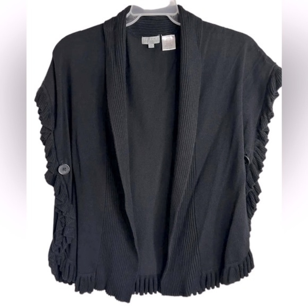 Joseph A size M black grey open front ruffle trim sleeveless knit cape cardigan